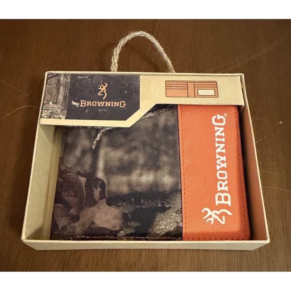 Browning Men's Bifold Wallet Brown Camo Camouflage Orange Stripe Hunting Logo